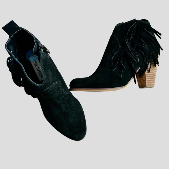 STEVE MADDEN Women’s Cian Black Leather Suede Ankle Boot Fringe Western 6.5 NWOT - Picture 1 of 12